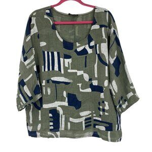 Bella Amore Size M Green Linen Geometric Print Artsy Oversized Lagenlook Top
